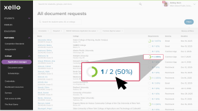The All document requests page in Xello. The cursor is clicking on a student's progress wheel marked as 1/2 (50%) completed